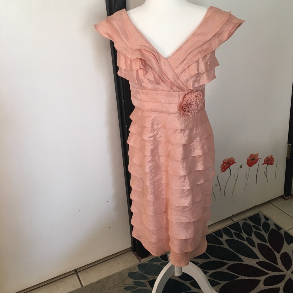 Formal ruffle cap sleeve pink/blush mid length dress